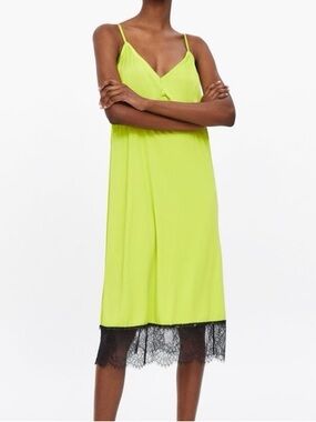 Zara Neon Yellow Slip Dress with Black Lace Trim